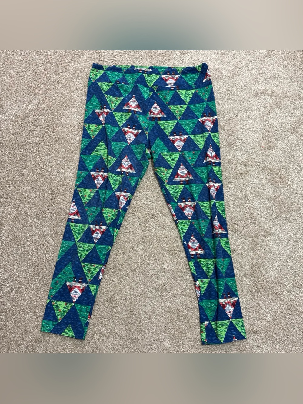 LuLaRoe Women's Triangle Print Leggings - Blue, Green & Red Accents